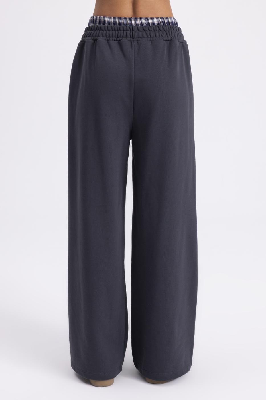 Wide Leg Cotton Trousers with Contrast Waistband Smoked
