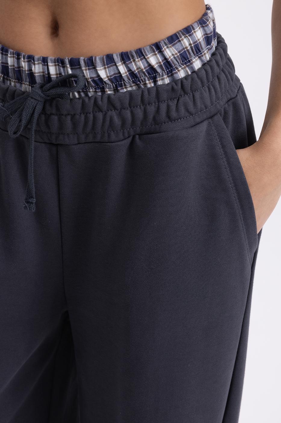 Wide Leg Cotton Trousers with Contrast Waistband Smoked