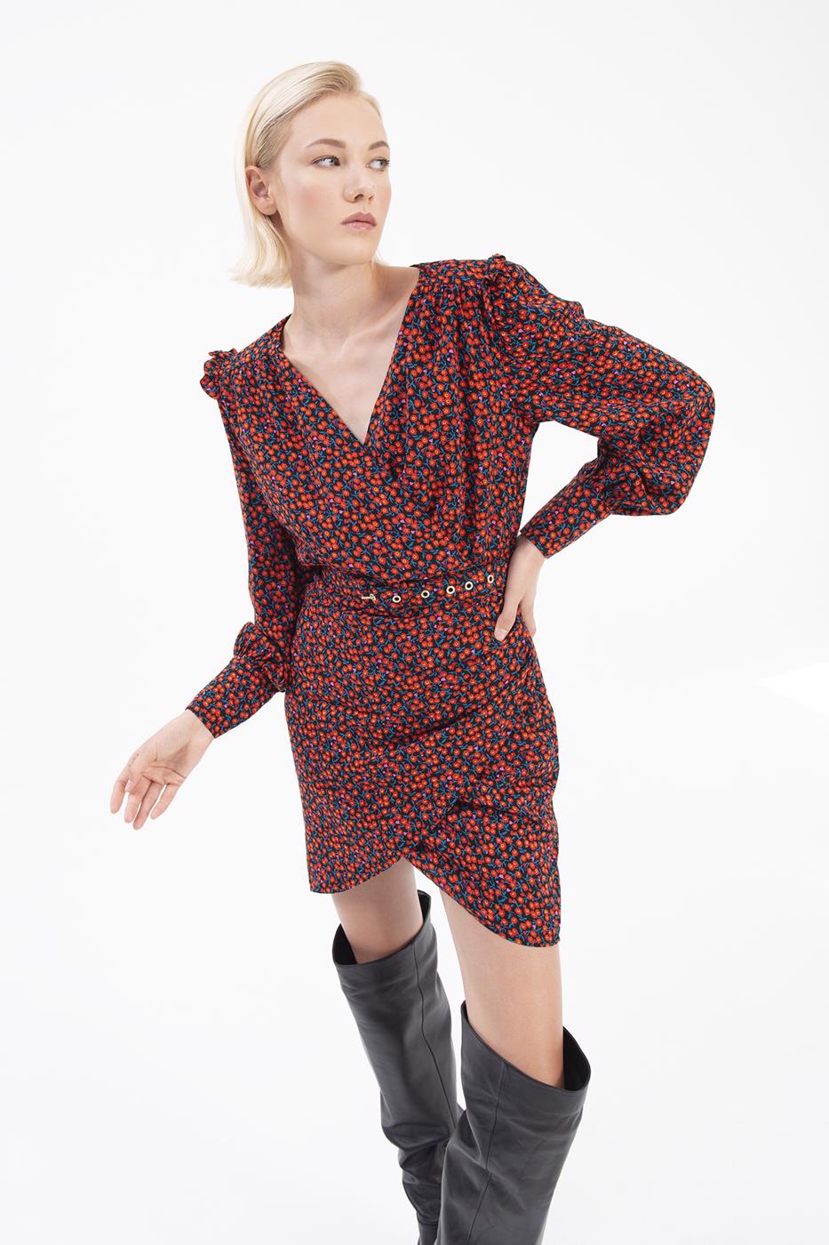 Double-breasted Balloon Sleeve Mini Dress Black flower
