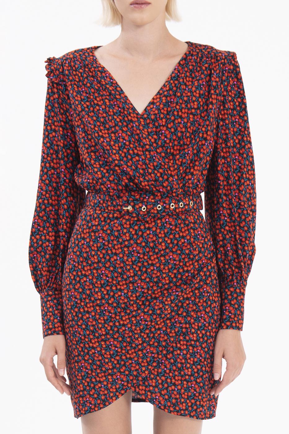 Double-breasted Balloon Sleeve Mini Dress Black flower