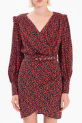 Double-breasted Balloon Sleeve Mini Dress Black flower