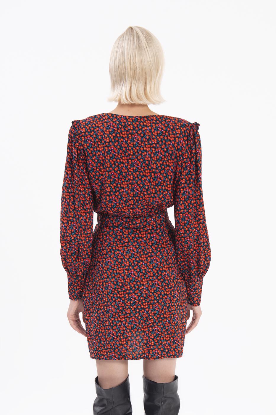 Double-breasted Balloon Sleeve Mini Dress Black flower
