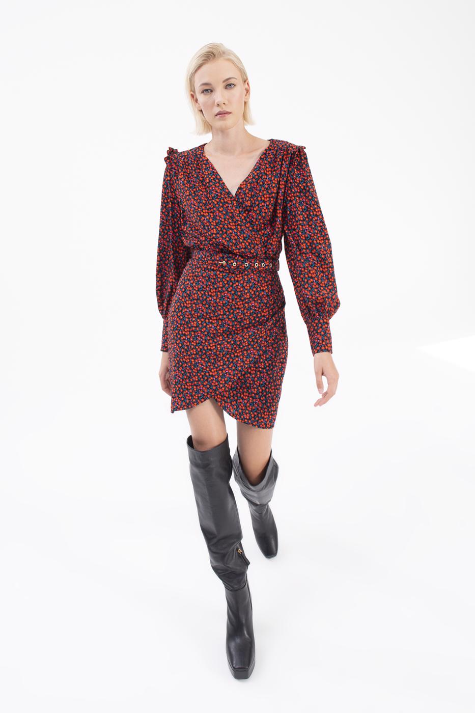 Double-breasted Balloon Sleeve Mini Dress Black flower