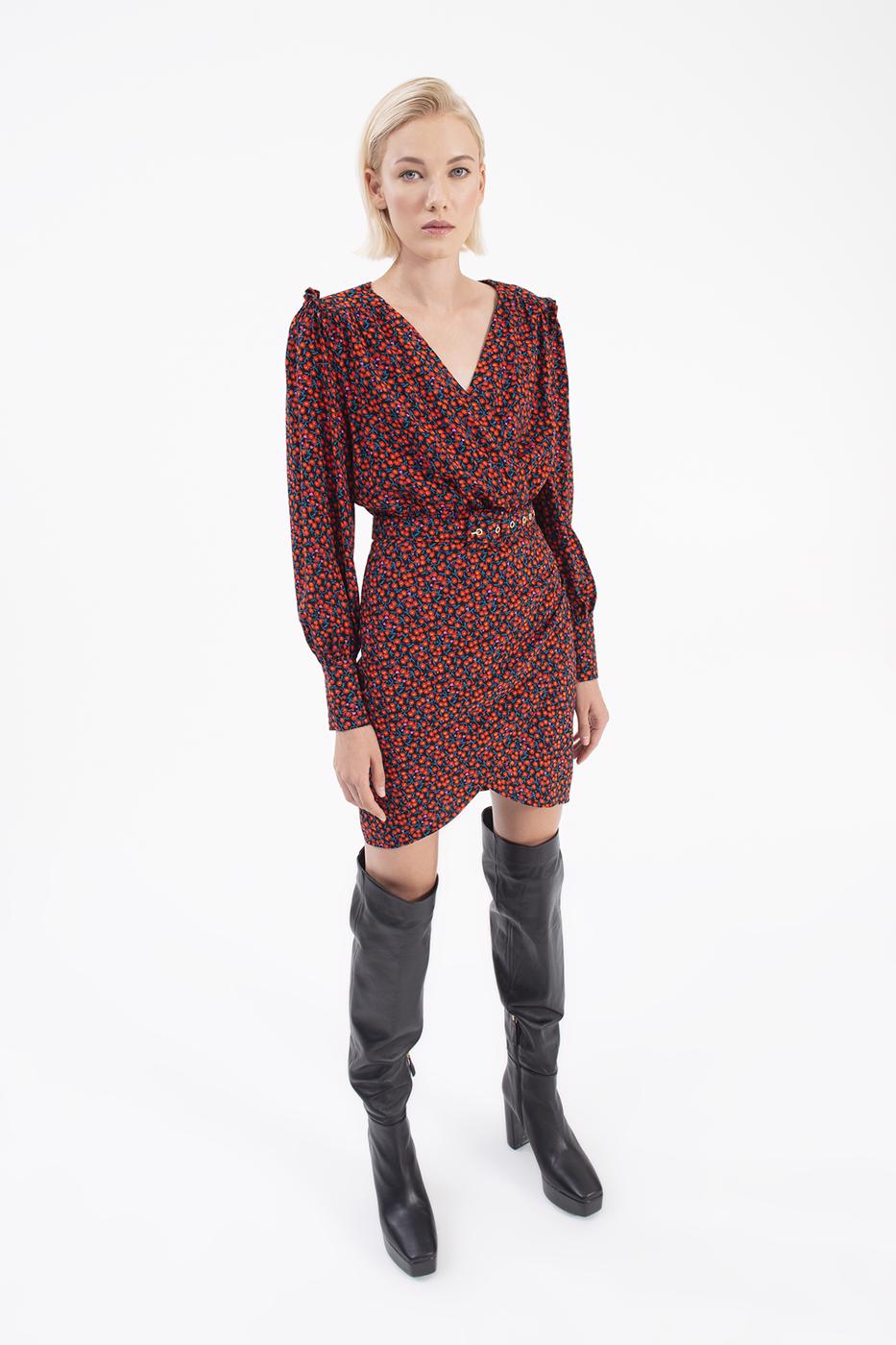 Double-breasted Balloon Sleeve Mini Dress Black flower