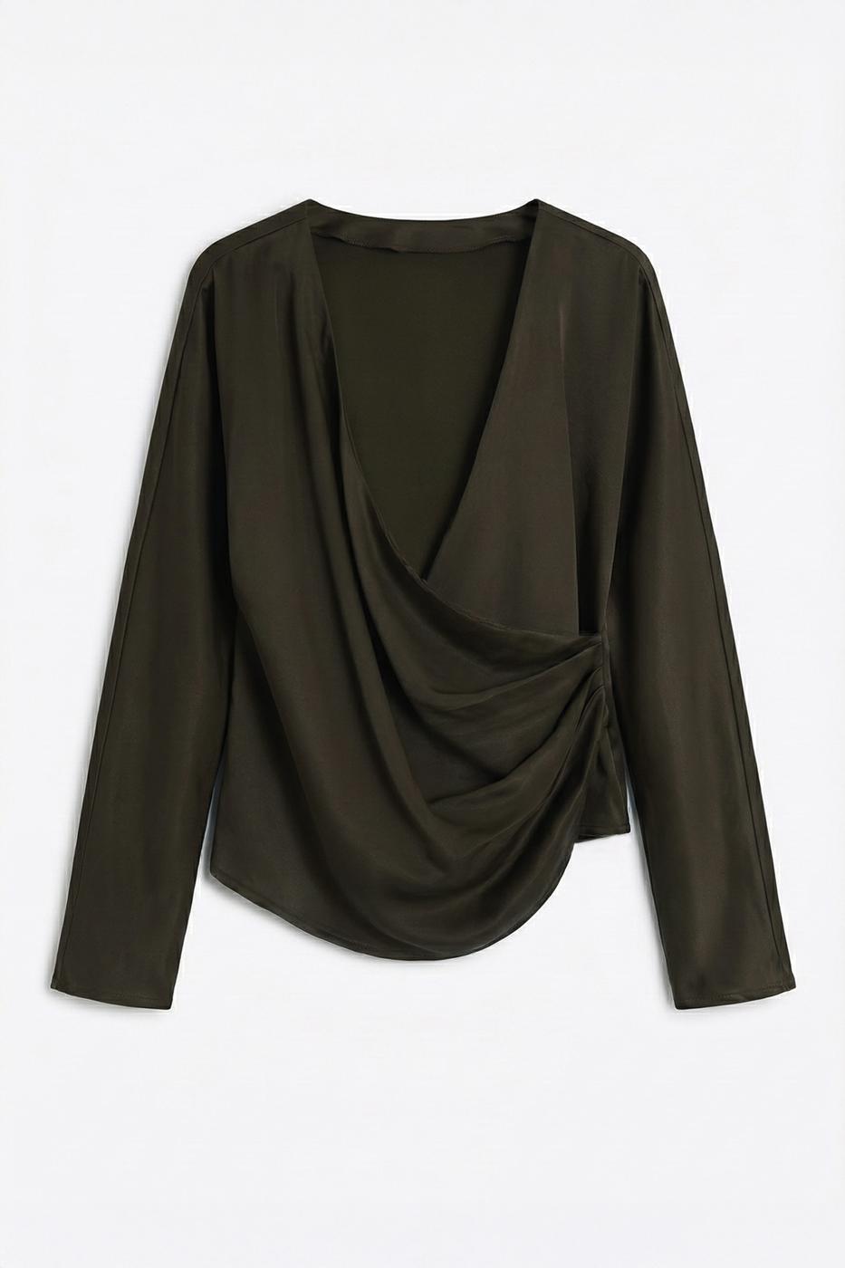 Wrap Neck Satin Blouse Khaki