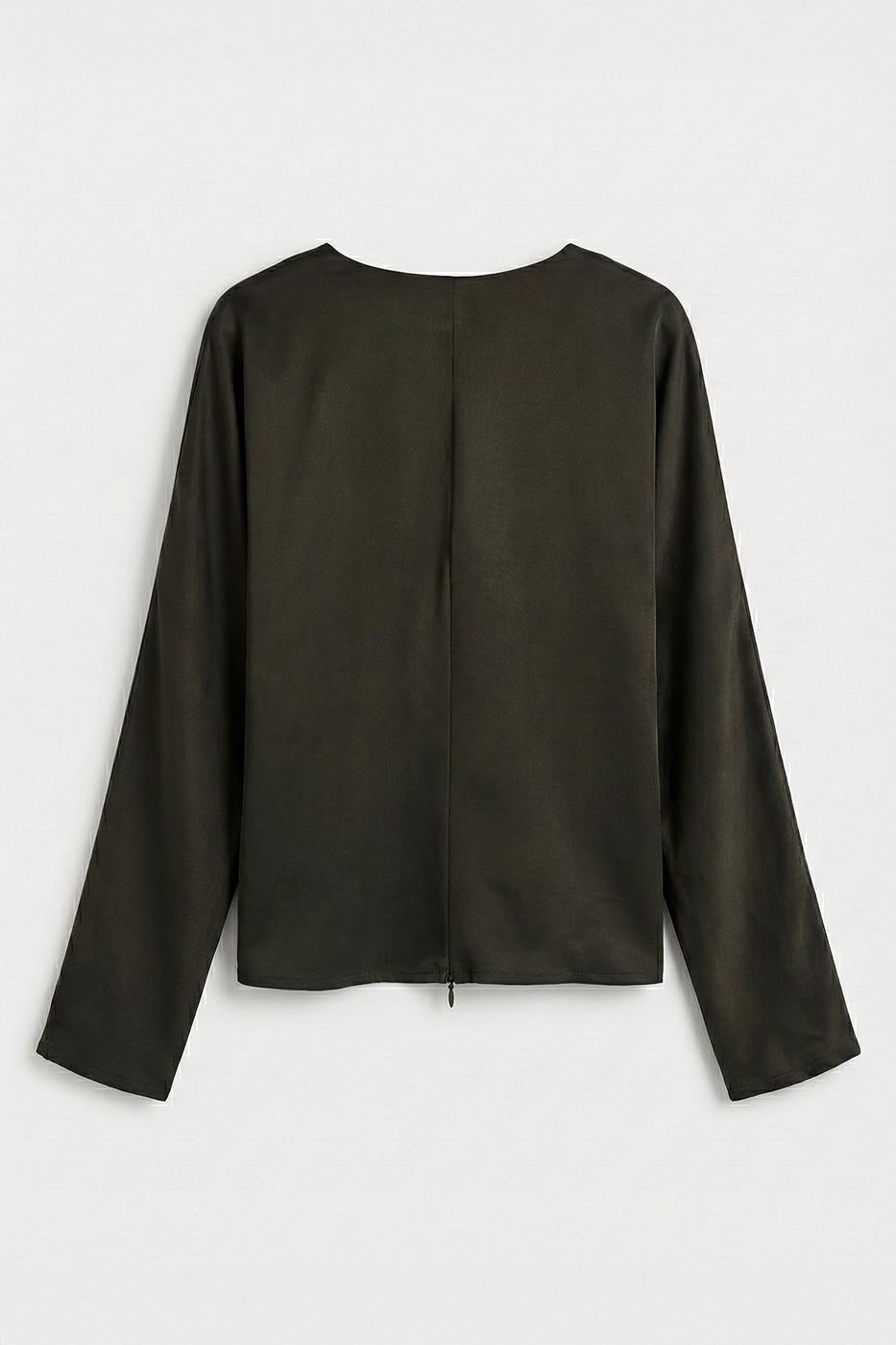 Wrap Neck Satin Blouse Khaki