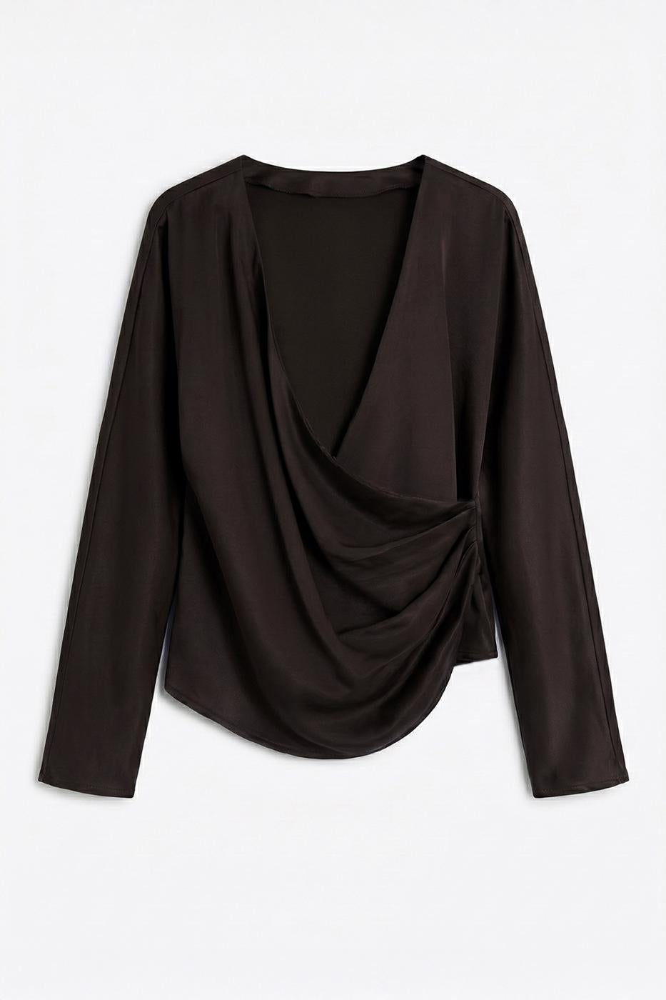 Wrap Neck Satin Blouse Brown