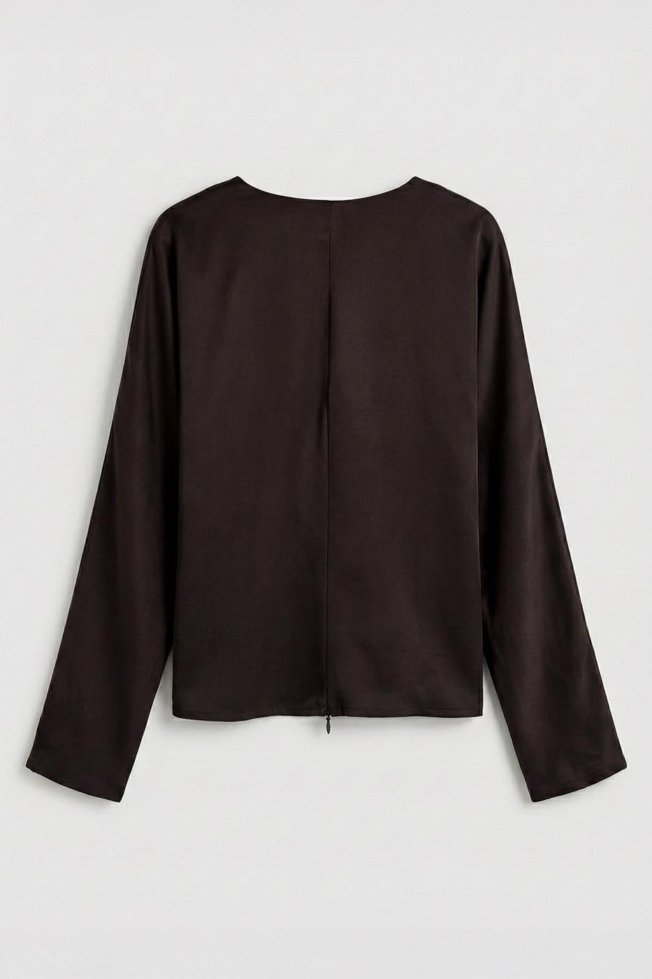 Wrap Neck Satin Blouse Brown