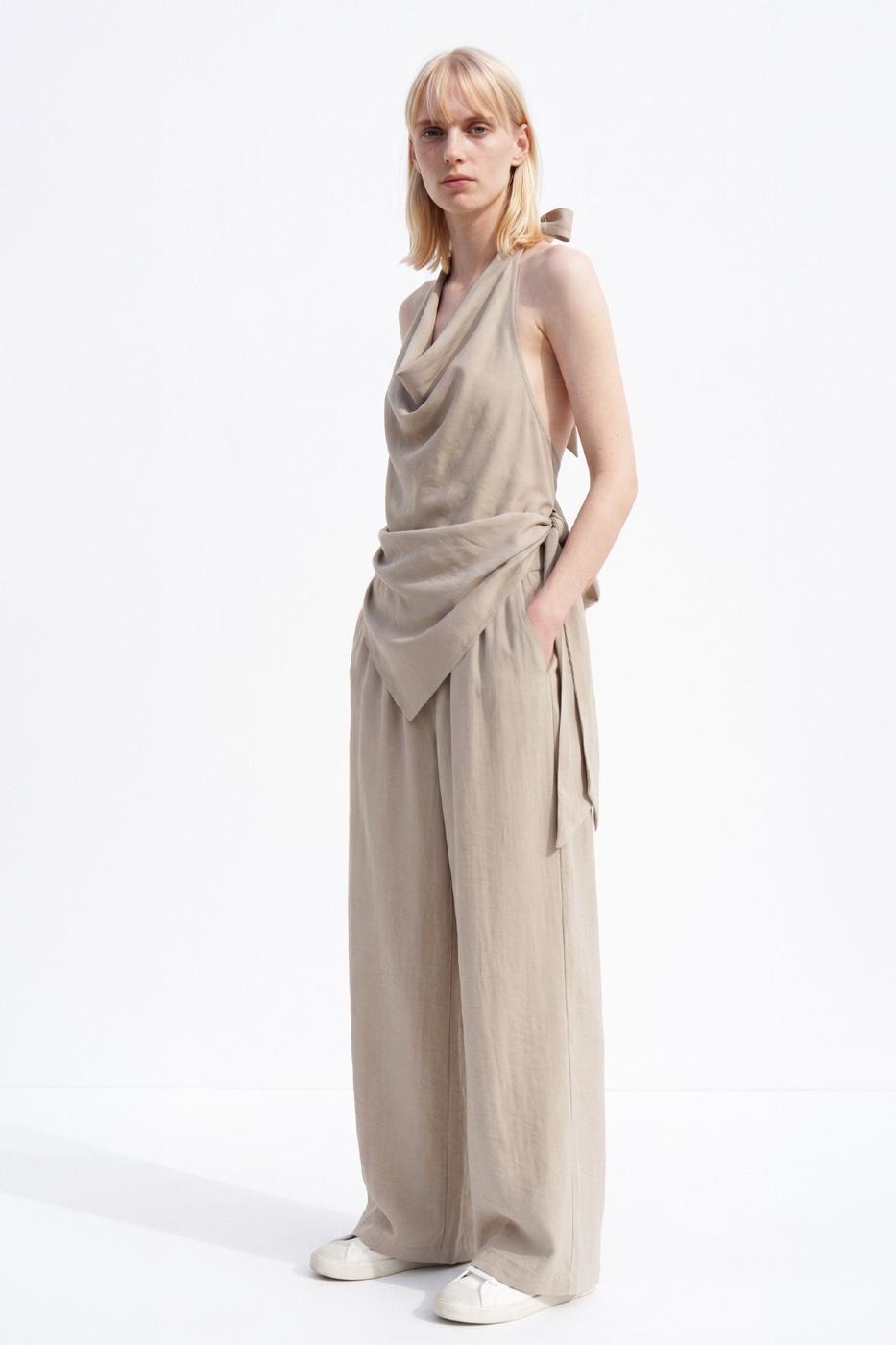 Elastic Waist Modal Wide Leg Trousers Beige