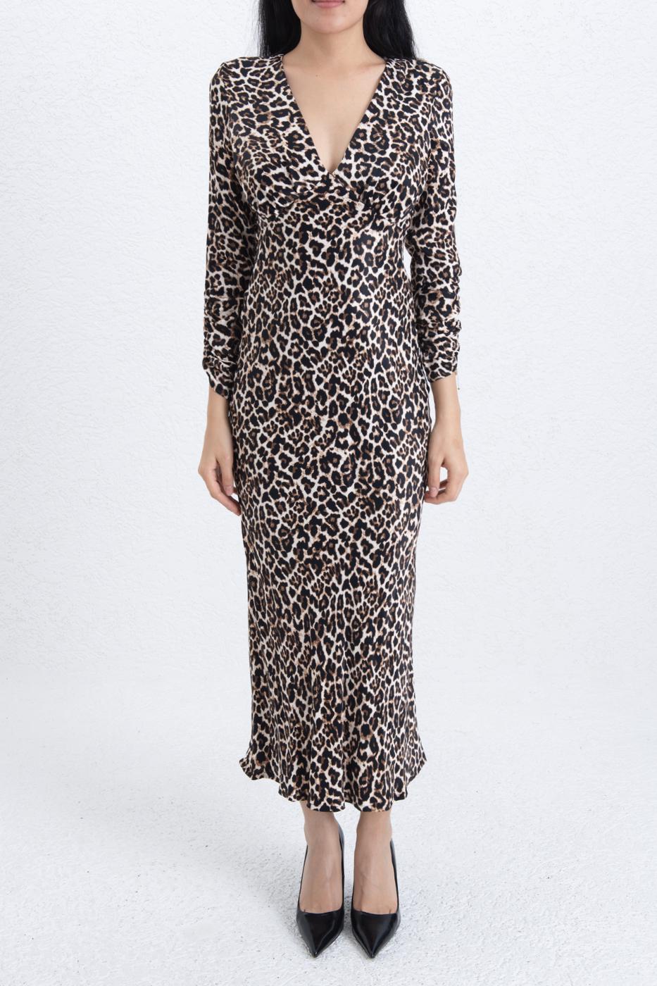 Leopard Satin Midi Dress Brown