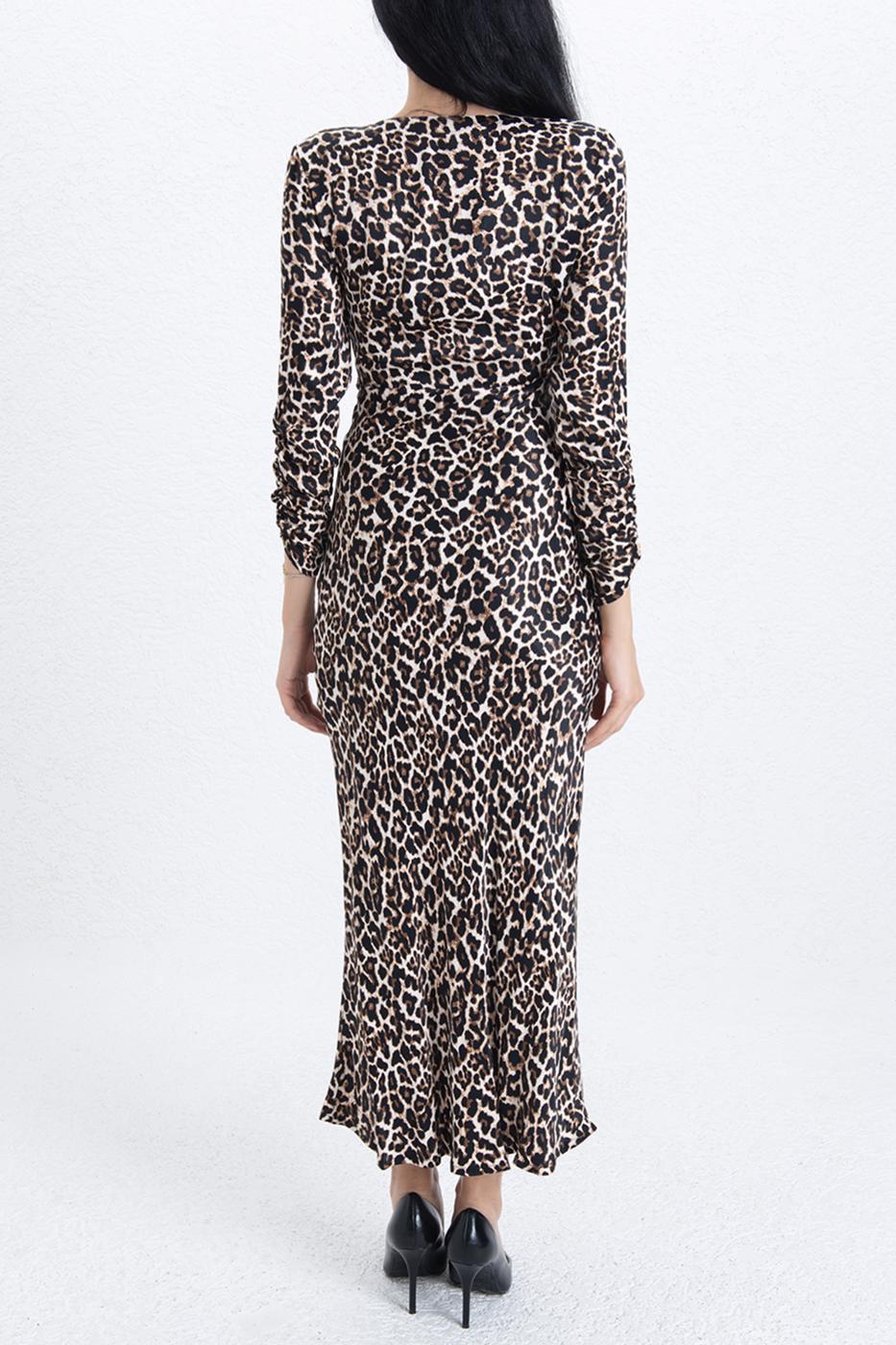 Leopard Satin Midi Dress Brown