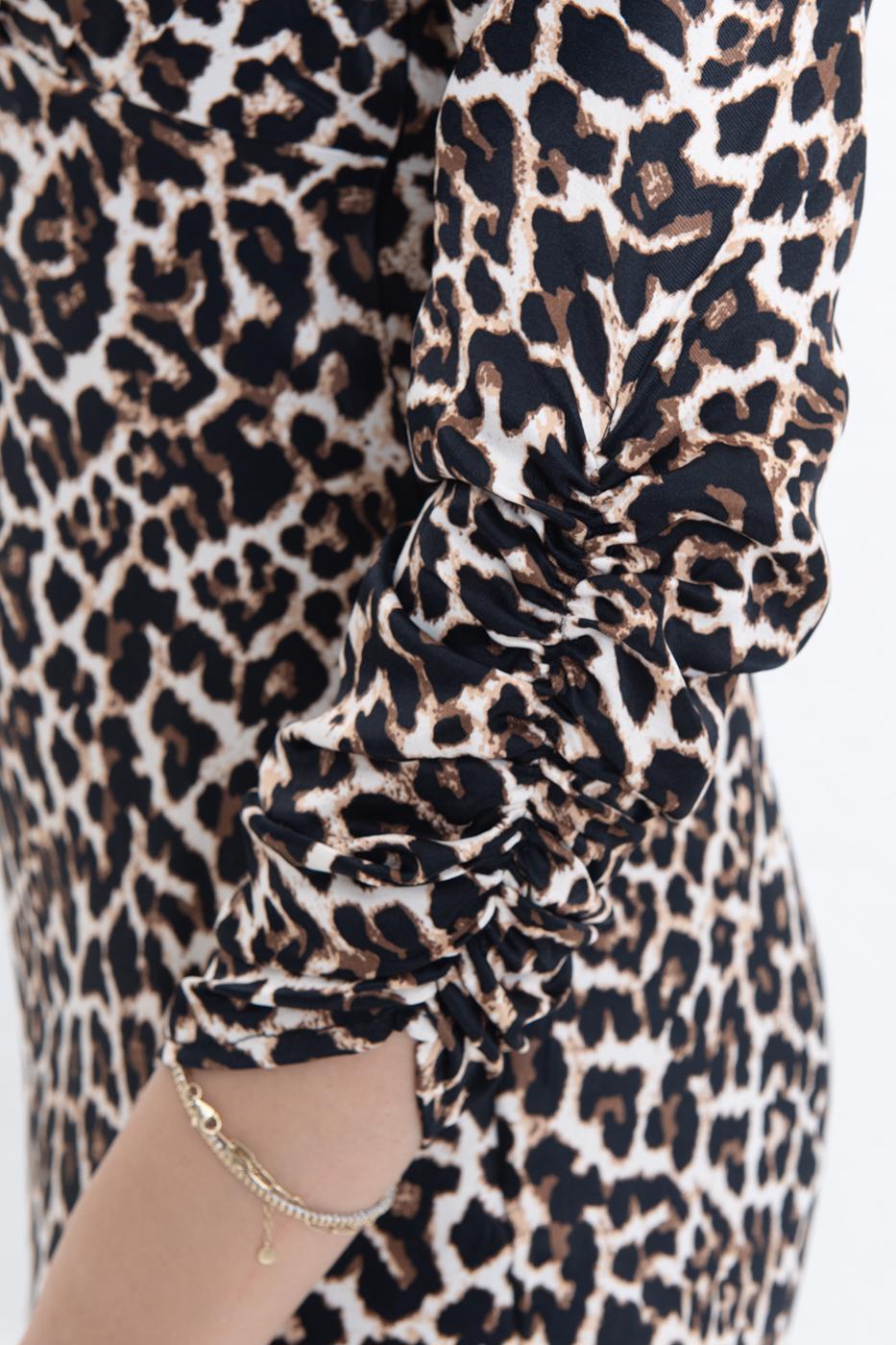 Leopard Satin Midi Dress Brown