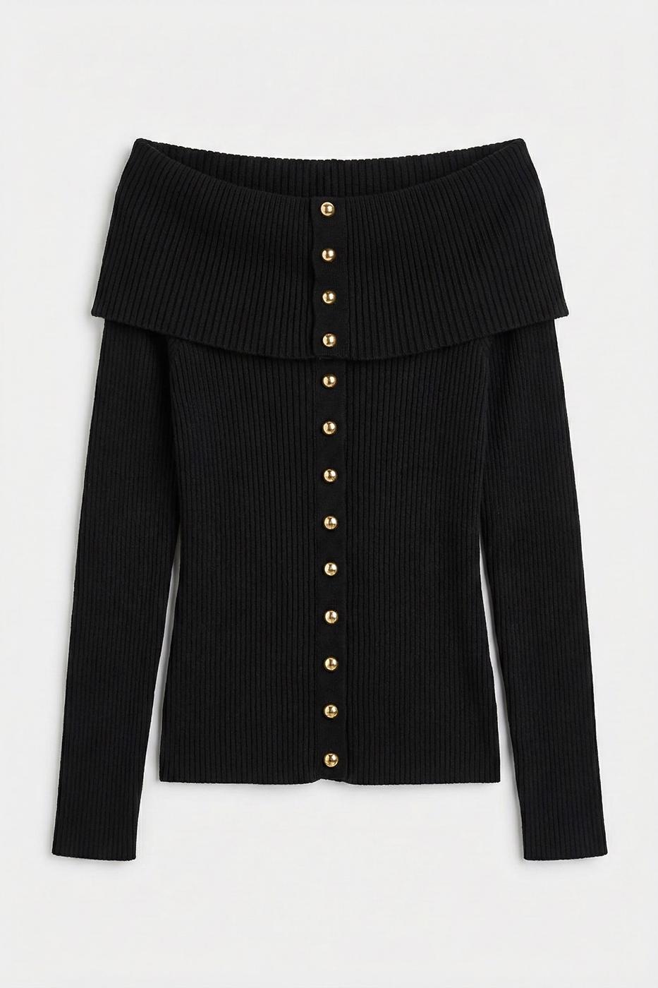Madonna Collar Ribbed Knitwear Top Black