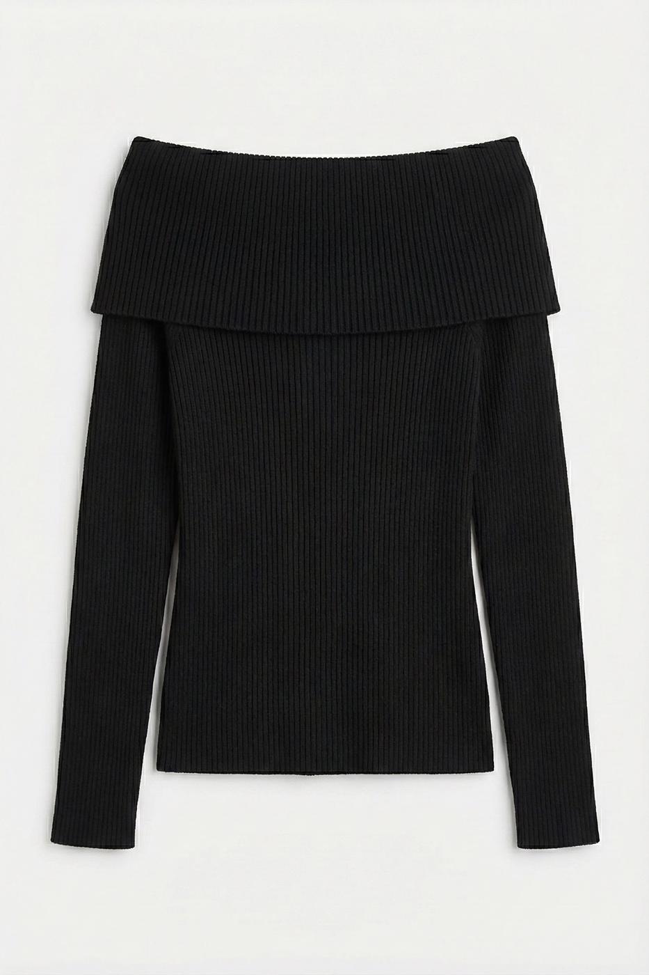 Madonna Collar Ribbed Knitwear Top Black
