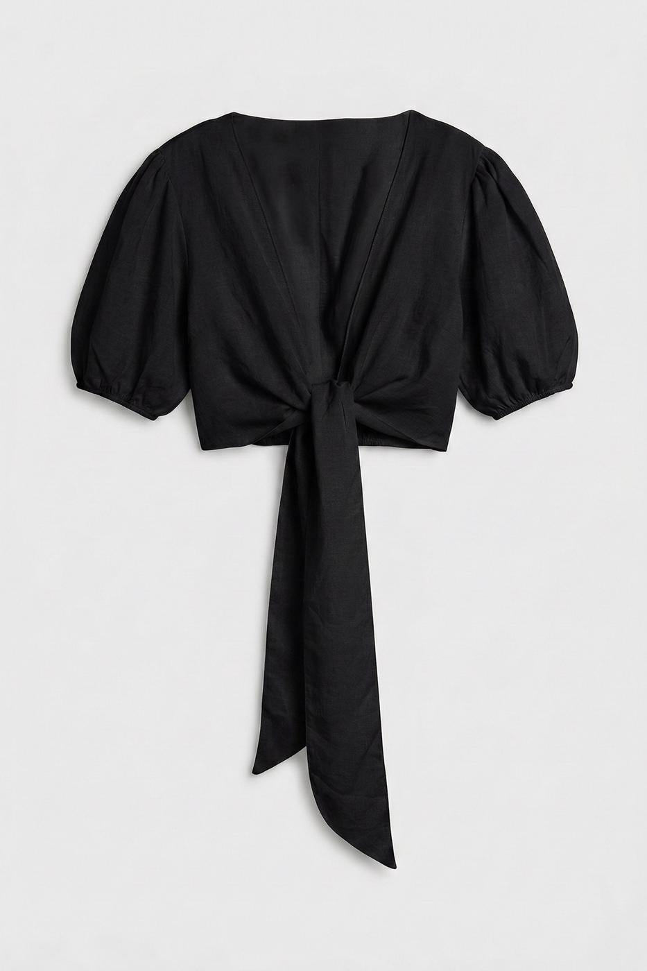 Modal Tie Detailed Crop Blouse Mat black