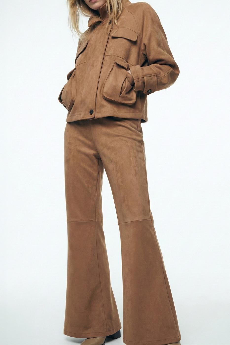 Regular Waist Suede Trousers Camel