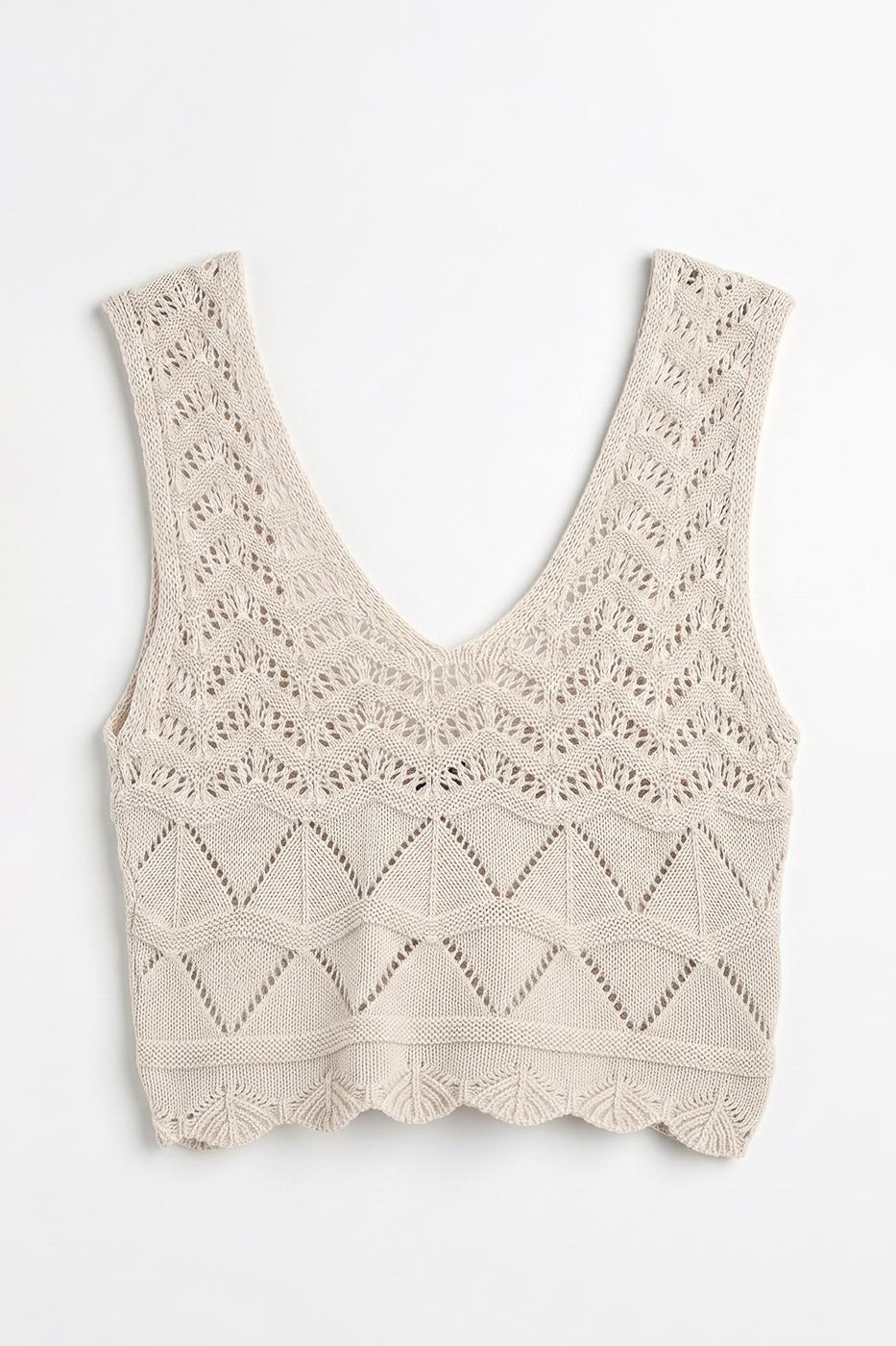 Knitted V-Neck Openwork Crop Top Beige