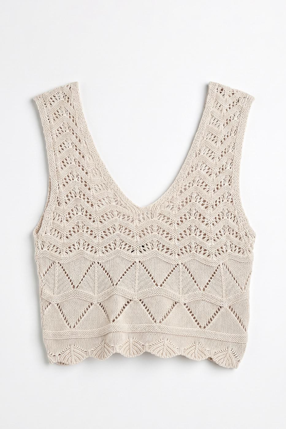 Knitted V-Neck Openwork Crop Top Beige