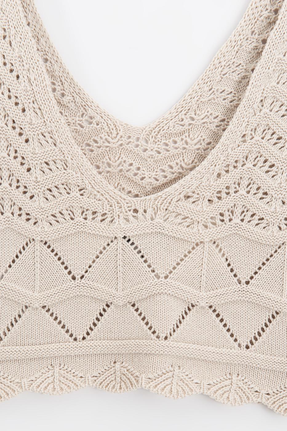 Knitted V-Neck Openwork Crop Top Beige