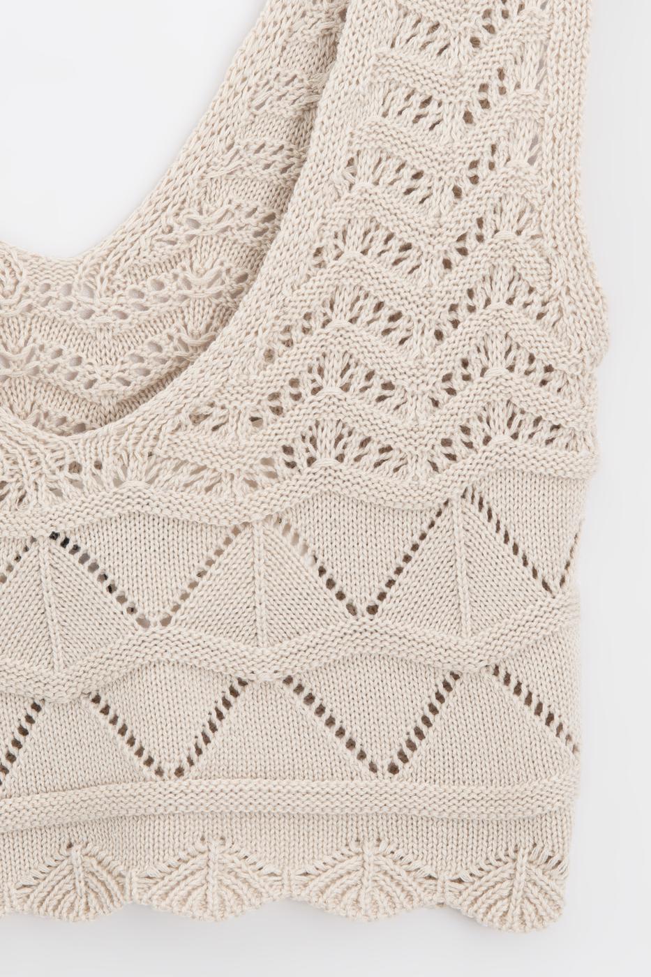 Knitted V-Neck Openwork Crop Top Beige