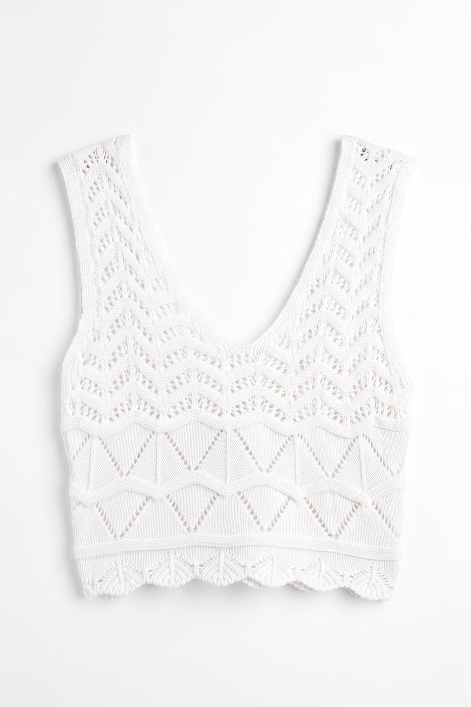 Knitted V-Neck Openwork Crop Top White