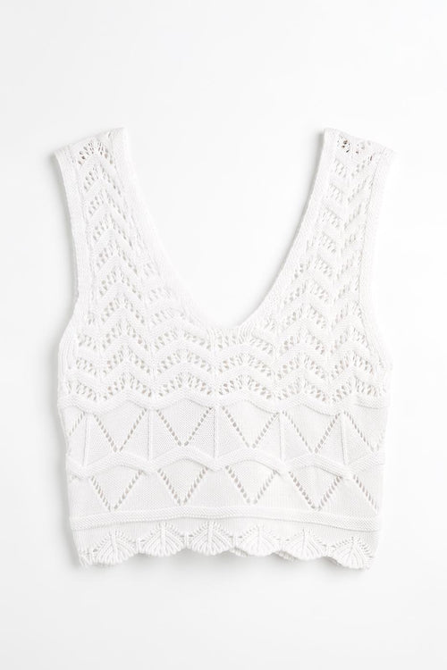 Knitted V-Neck Openwork Crop Top White