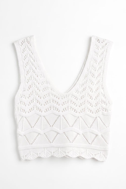 Knitted V-Neck Openwork Crop Top White