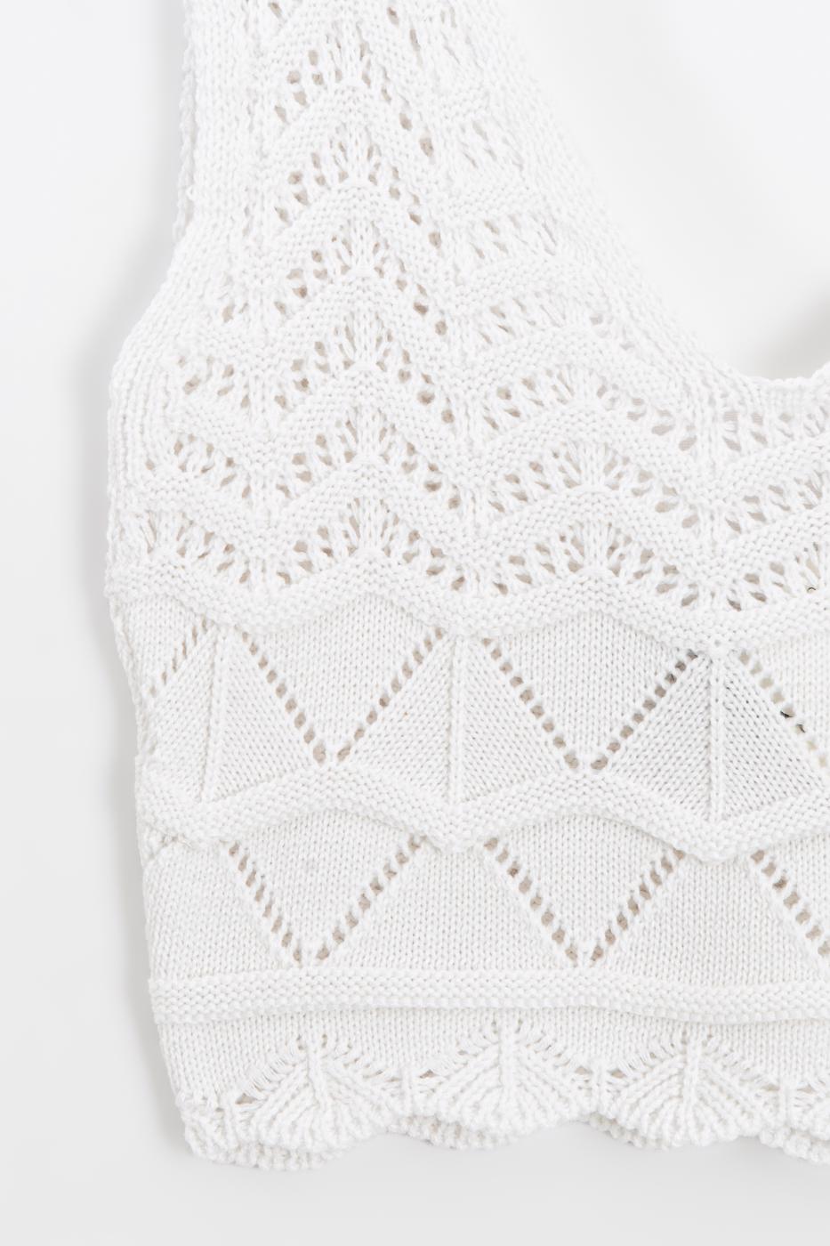 Knitted V-Neck Openwork Crop Top White