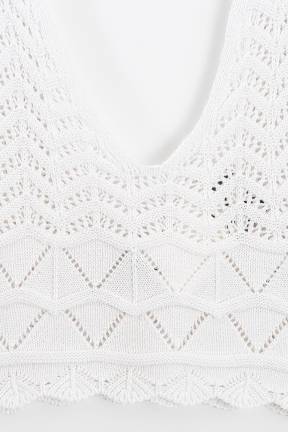 Knitted V-Neck Openwork Crop Top White
