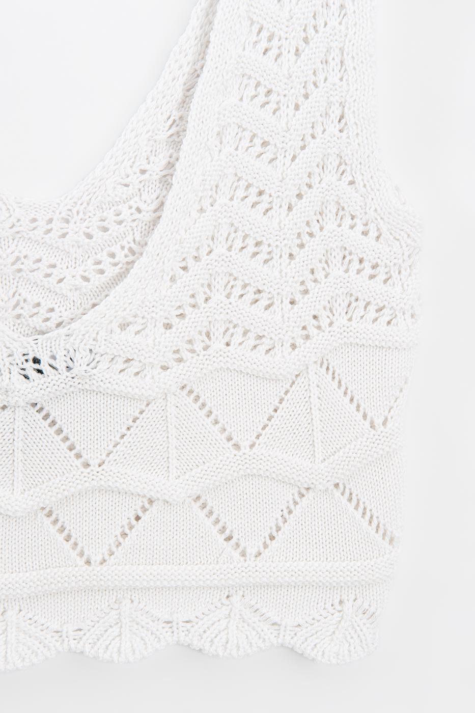 Knitted V-Neck Openwork Crop Top White