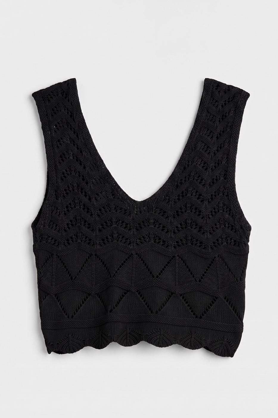 Knitted V-Neck Openwork Crop Top Black