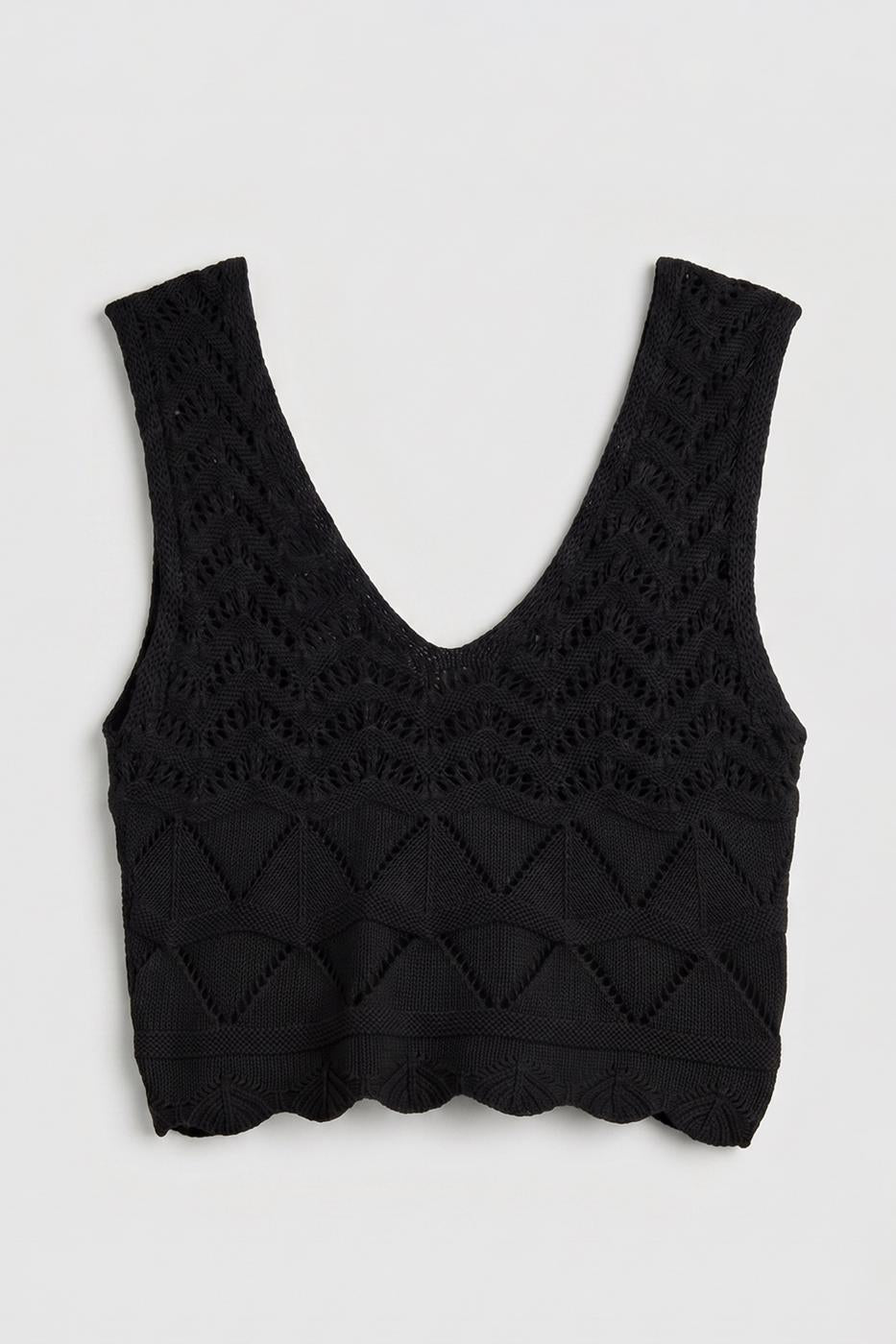 Knitted V-Neck Openwork Crop Top Black
