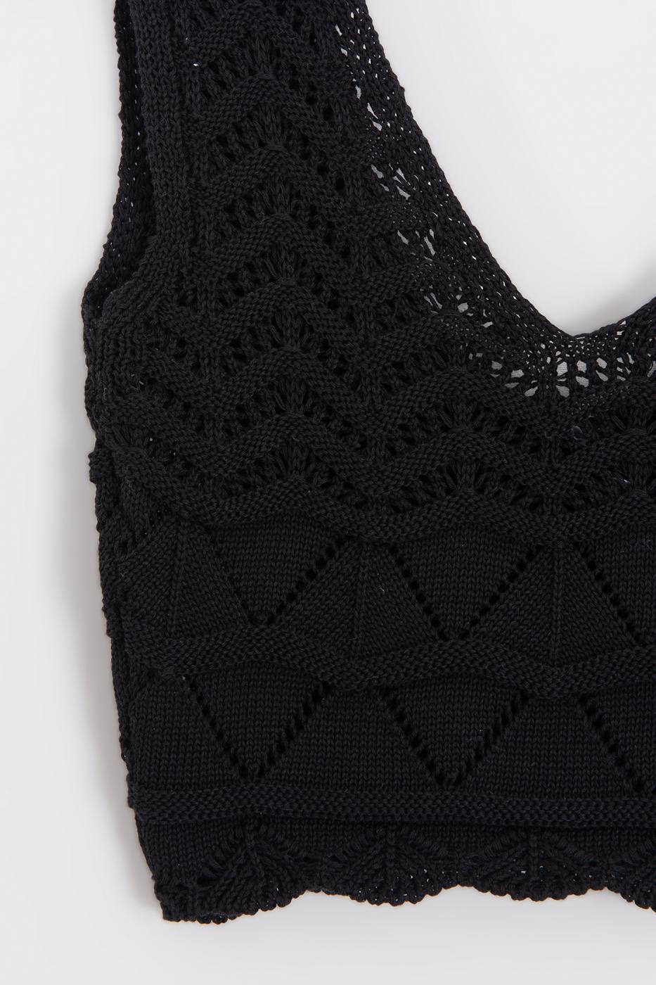 Knitted V-Neck Openwork Crop Top Black