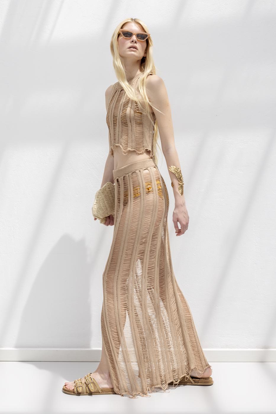 Knitted Mesh Maxi Beach Skirt Beige