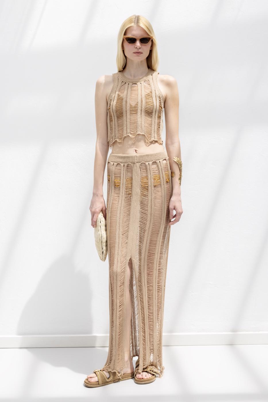 Knitted Mesh Maxi Beach Skirt Beige