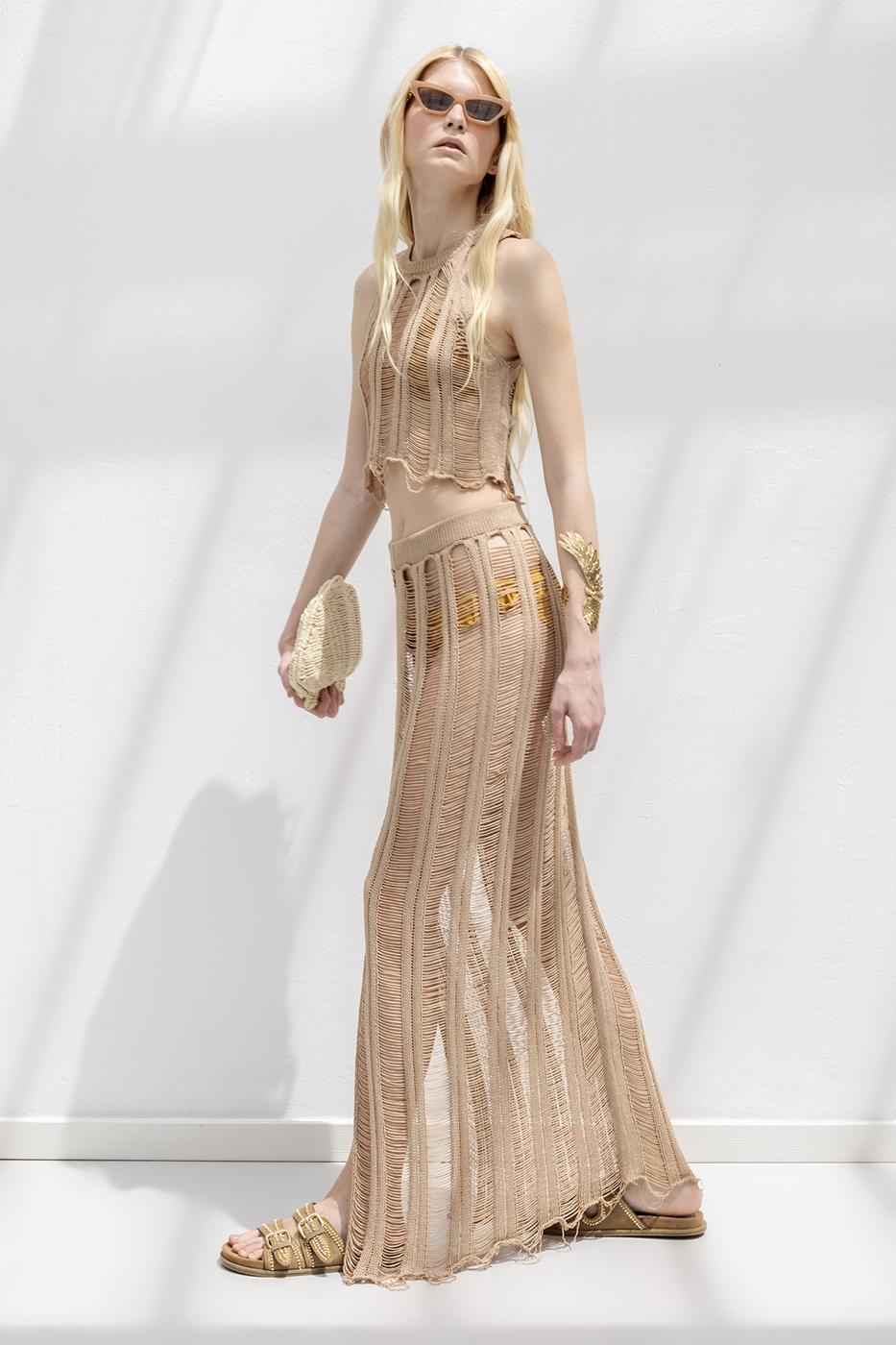 Knitted Mesh Maxi Beach Skirt Beige