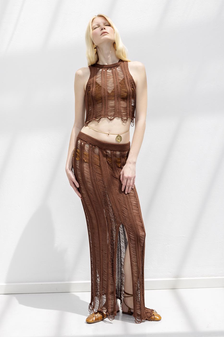 Knitted Mesh Maxi Beach Skirt Brown