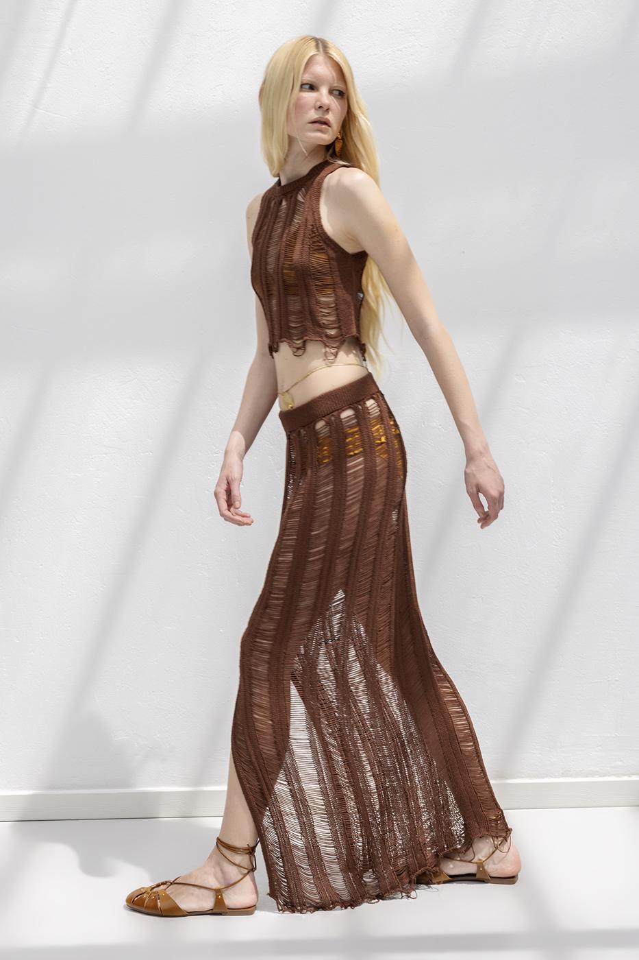 Knitted Mesh Maxi Beach Skirt Brown