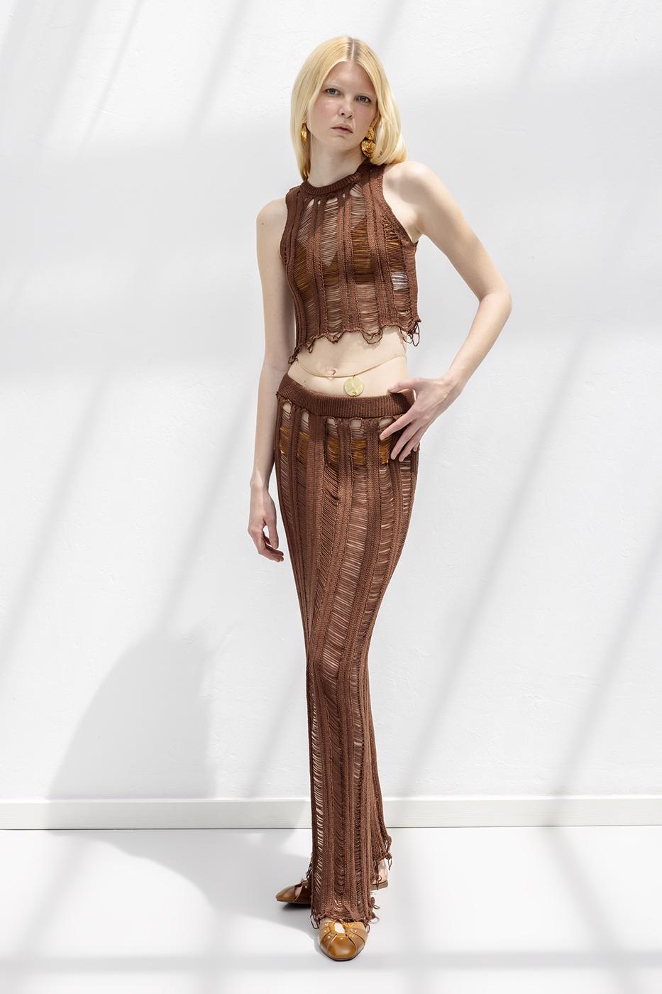 Knitted Mesh Maxi Beach Skirt Brown