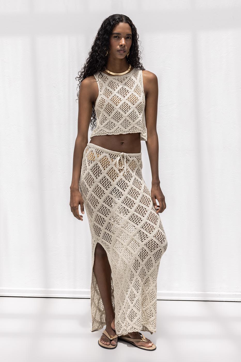 Knitted Fishnet Maxi Beach Skirt Beige