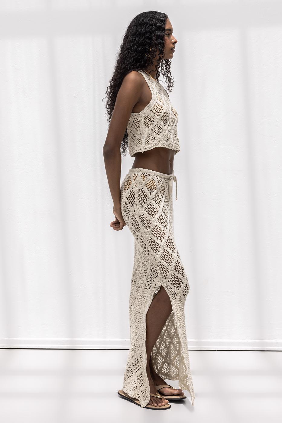 Knitted Fishnet Maxi Beach Skirt Beige