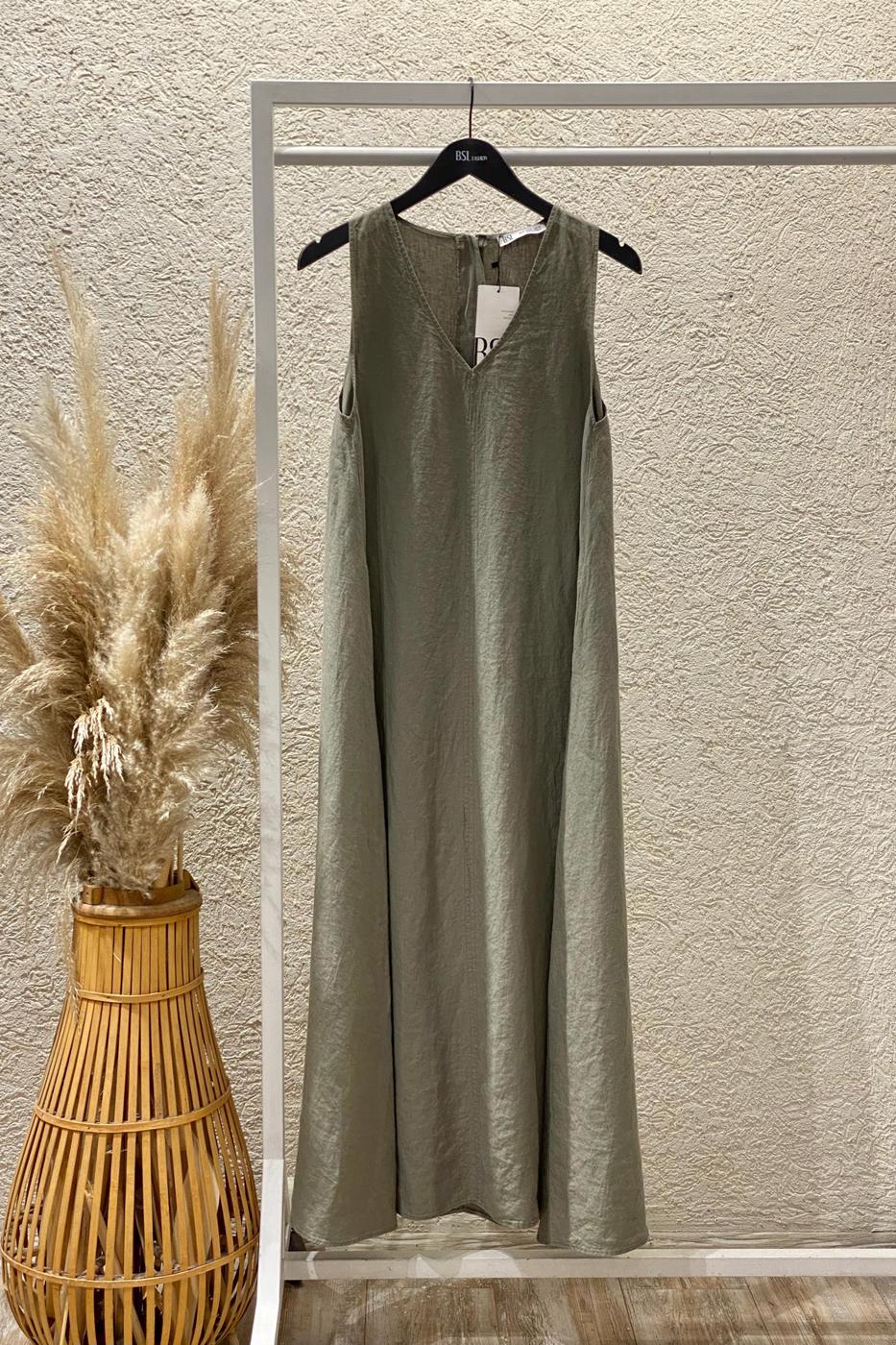 Oversized Linen Midi Dress Khaki