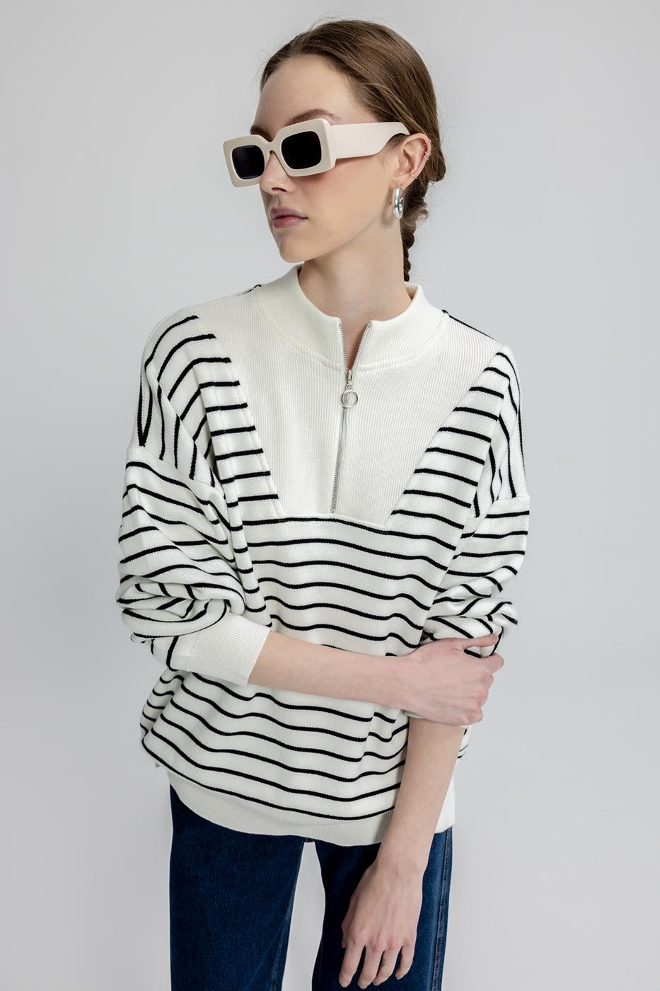 Oversize Half Zipper Striped Knitwear Sweater Ecru