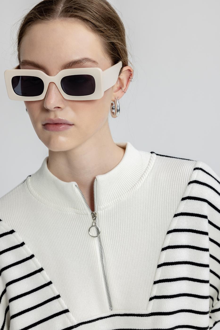 Oversize Half Zipper Striped Knitwear Sweater Ecru