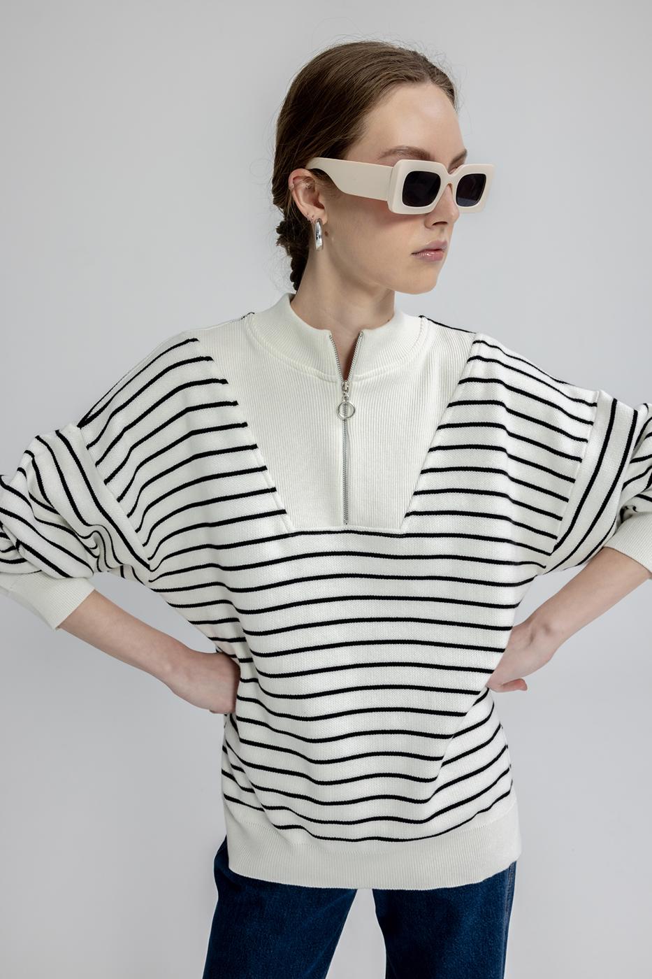 Oversize Half Zipper Striped Knitwear Sweater Ecru