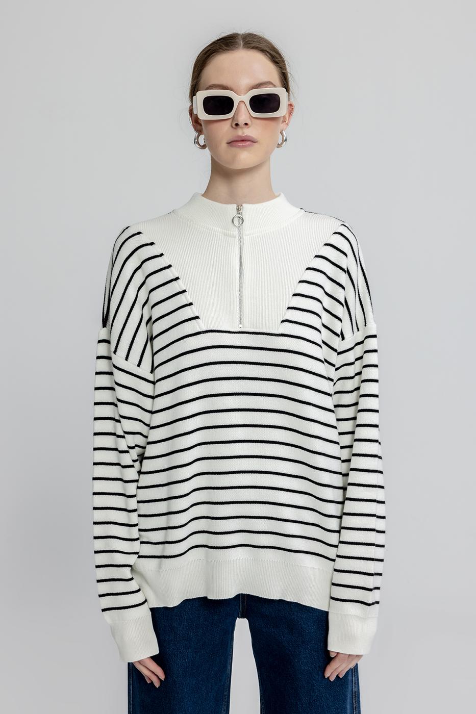 Oversize Half Zipper Striped Knitwear Sweater Ecru
