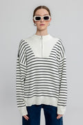 Oversize Half Zipper Striped Knitwear Sweater Ecru