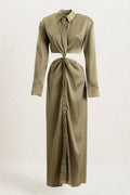 Piece Satin Midi Shirt Dress Olive