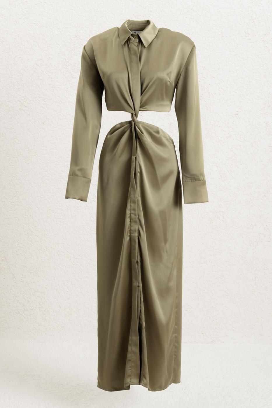 Piece Satin Midi Shirt Dress Olive