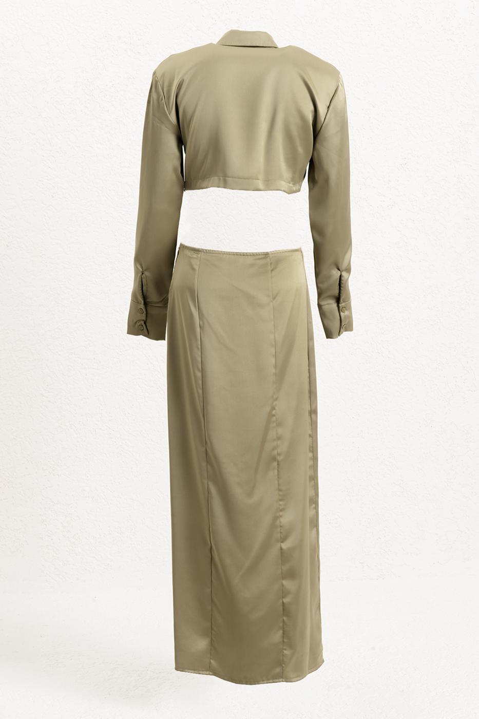 Piece Satin Midi Shirt Dress Olive